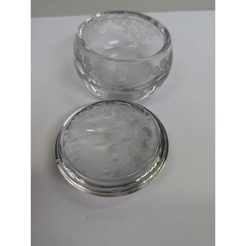 Antique Cut‎ Glass Powder Jar With Lid Etched Flowers Heavy Piece